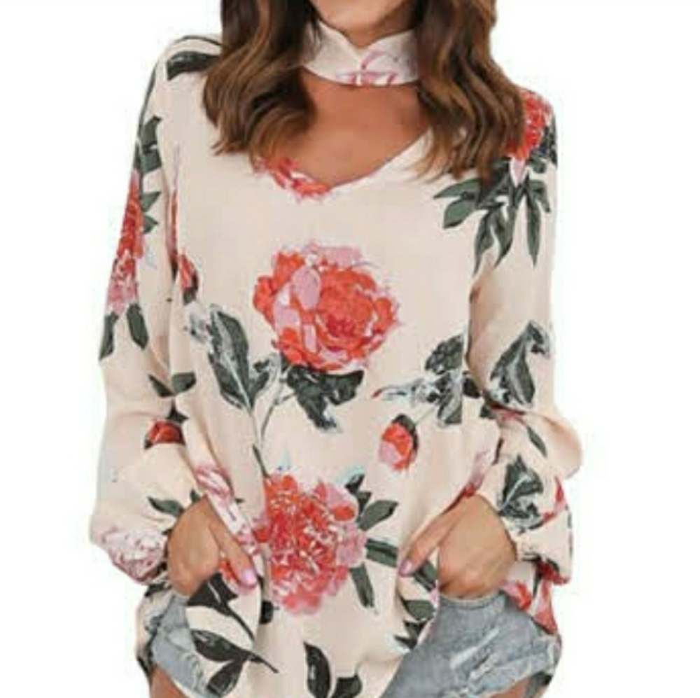Fashion Glam floral Long Puff Sleeves Flowy Blouse